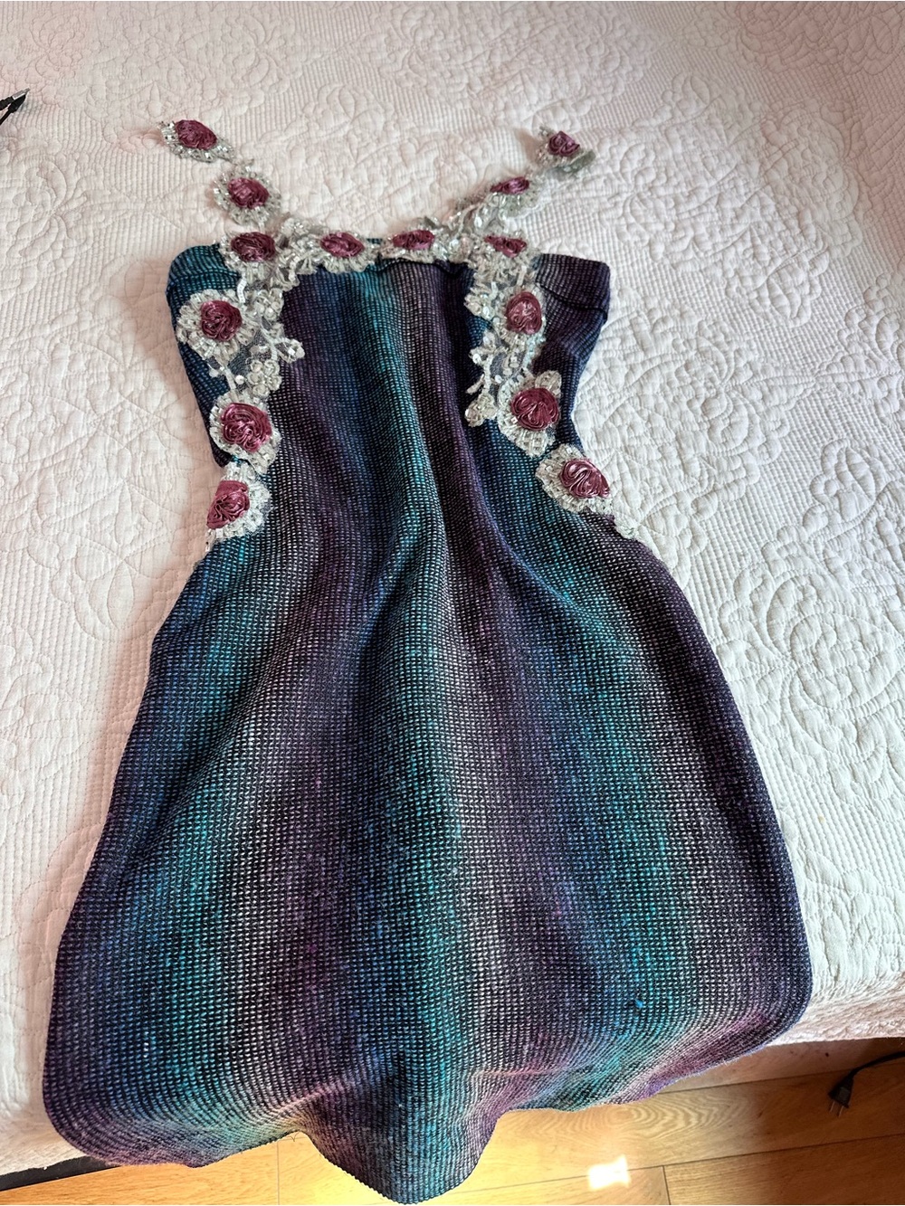 Girls' Iridescent Purple-Teal Party Dress with Floral Appliqué